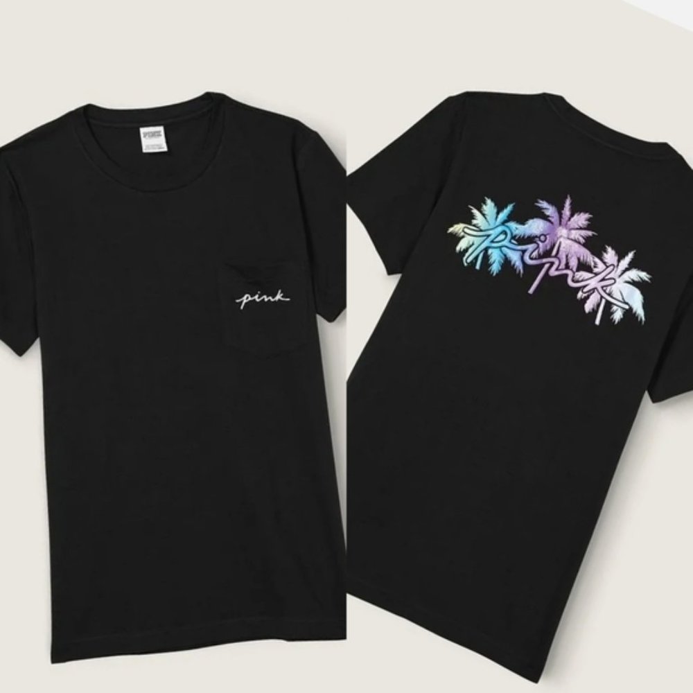 VICTORIA'S SECRET PINK CAMPUS SHORT SLEEVE SHINE BLING TEE NWT PALM TREE BLACK M